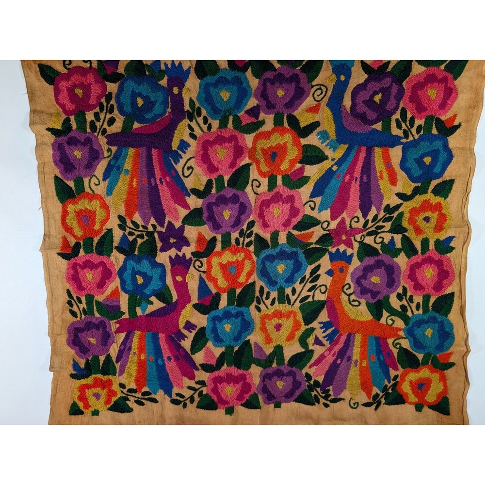 Vintage 1970s Mexican Otomi Tenango Tapestry Embroidery Folk Art 32x32